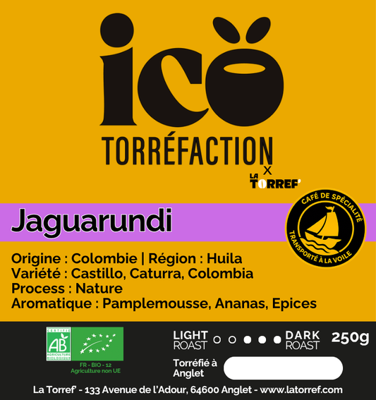Étiquette Jaguarundi - café de spécialité Colombie Huila - Icö Torréfaction, torréfié à Anglet